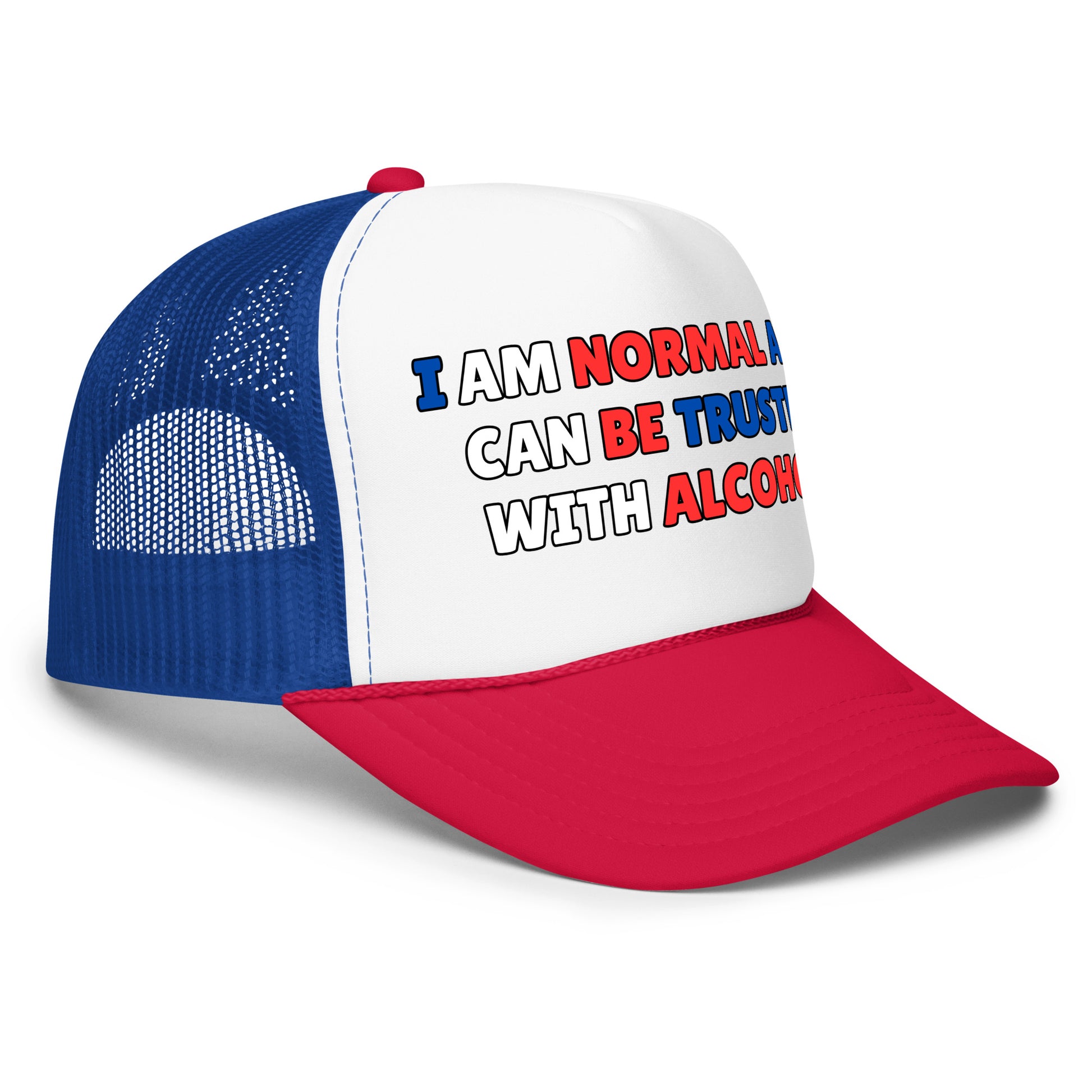 Funny drinking trucker hat for men with bold white text that says “I Am Normal And Can Be Trusted With Alcohol” — a hilarious mesh-back hat perfect for parties, beer lovers, and fans of sarcastic humor and funny hat sayings.

