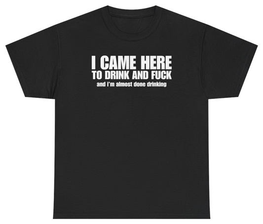 Funny I Came Here To Drink And F*ck And I'm Almost Done Drinking Tee T-Shirt featuring bold sarcastic humor and graphic design, perfect for casual wear and humor lovers