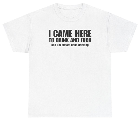 Funny I Came Here To Drink And F*ck And I'm Almost Done Drinking Tee T-Shirt featuring bold sarcastic humor and graphic design, perfect for casual wear and humor lovers
