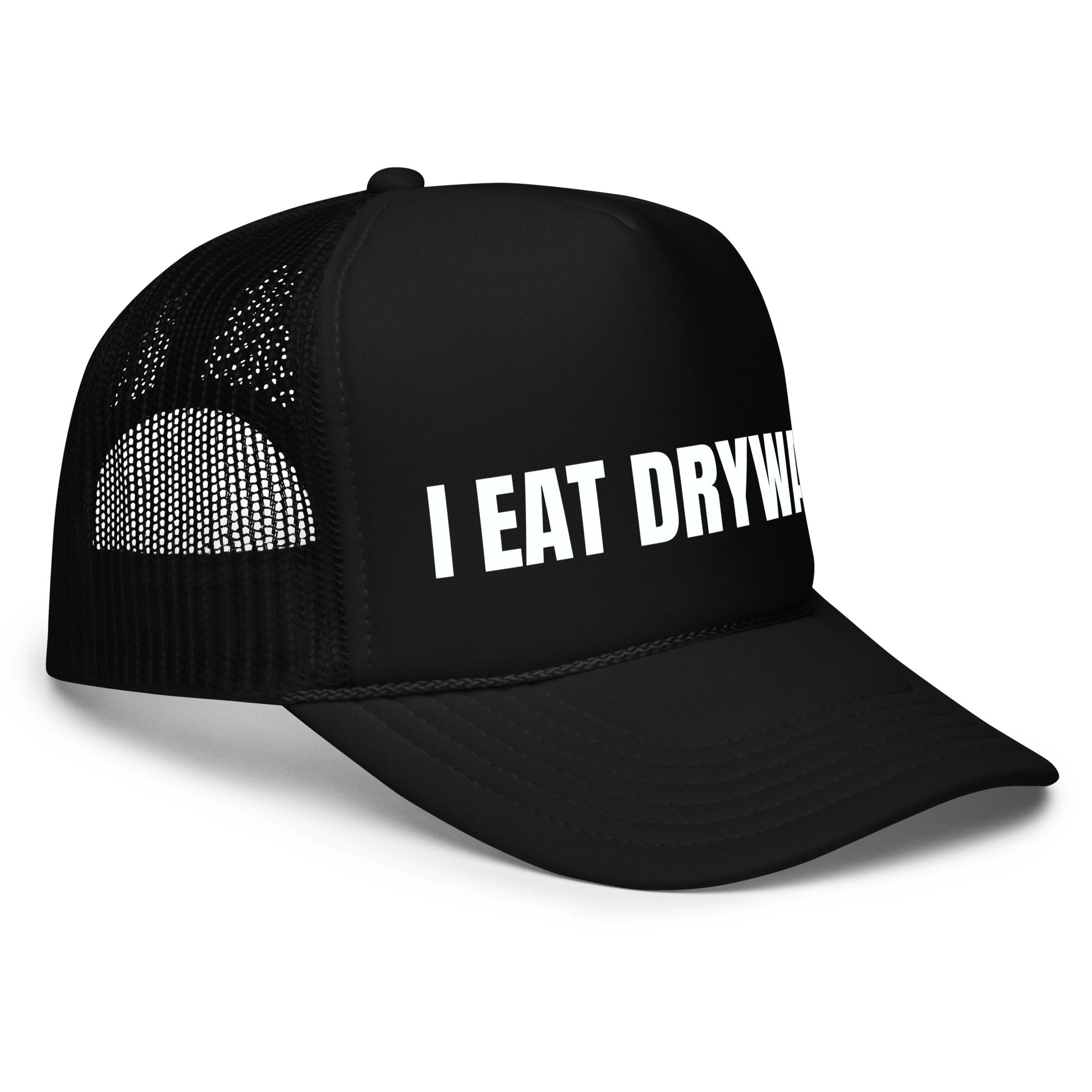 Weird and inappropriate funny trucker hat for men with bold white text that says “I Eat Drywall” — a top-selling crazy hat with mesh back, perfect for fans of hilarious hat sayings, unhinged humor, and funny mesh hats.

