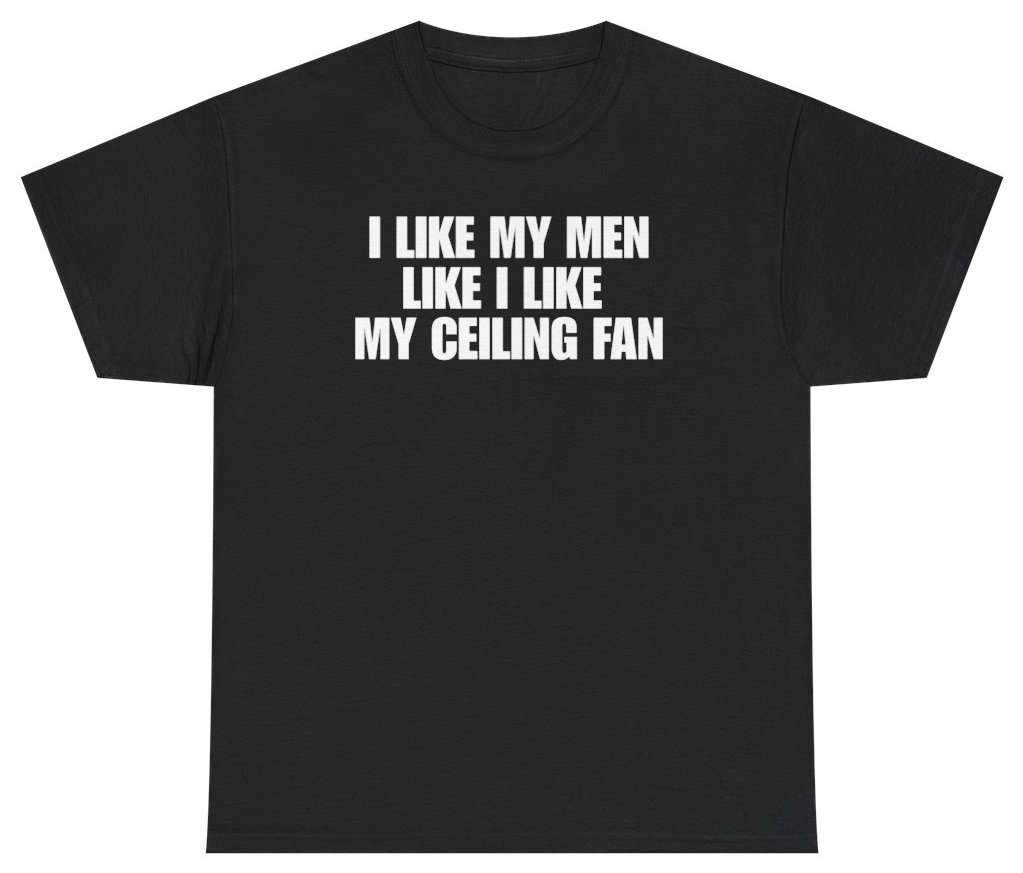 Funny I Like My Men Like I Like My Ceiling Fan Tee T-Shirt featuring bold sarcastic humor and graphic design, perfect for casual wear and humor lovers
