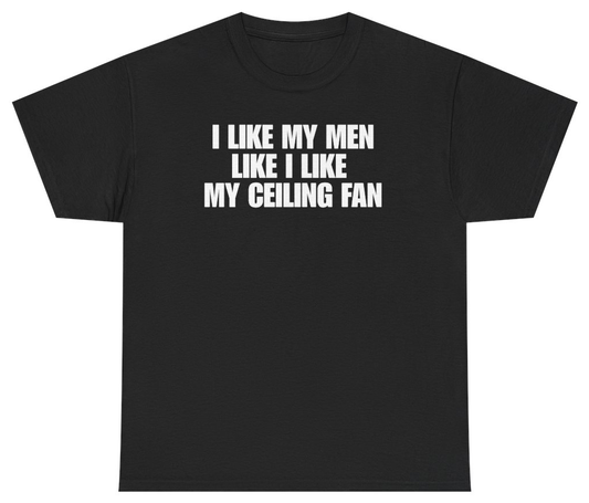 Funny I Like My Men Like I Like My Ceiling Fan Tee T-Shirt featuring bold sarcastic humor and graphic design, perfect for casual wear and humor lovers
