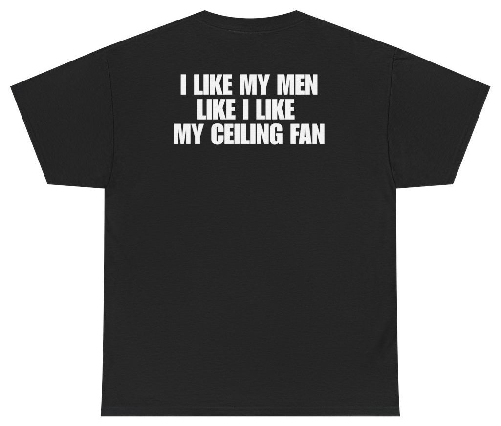 Funny I Like My Men Like I Like My Ceiling Fan Tee (BACKPRINT) T-Shirt featuring bold sarcastic humor and graphic design, perfect for casual wear and humor lovers