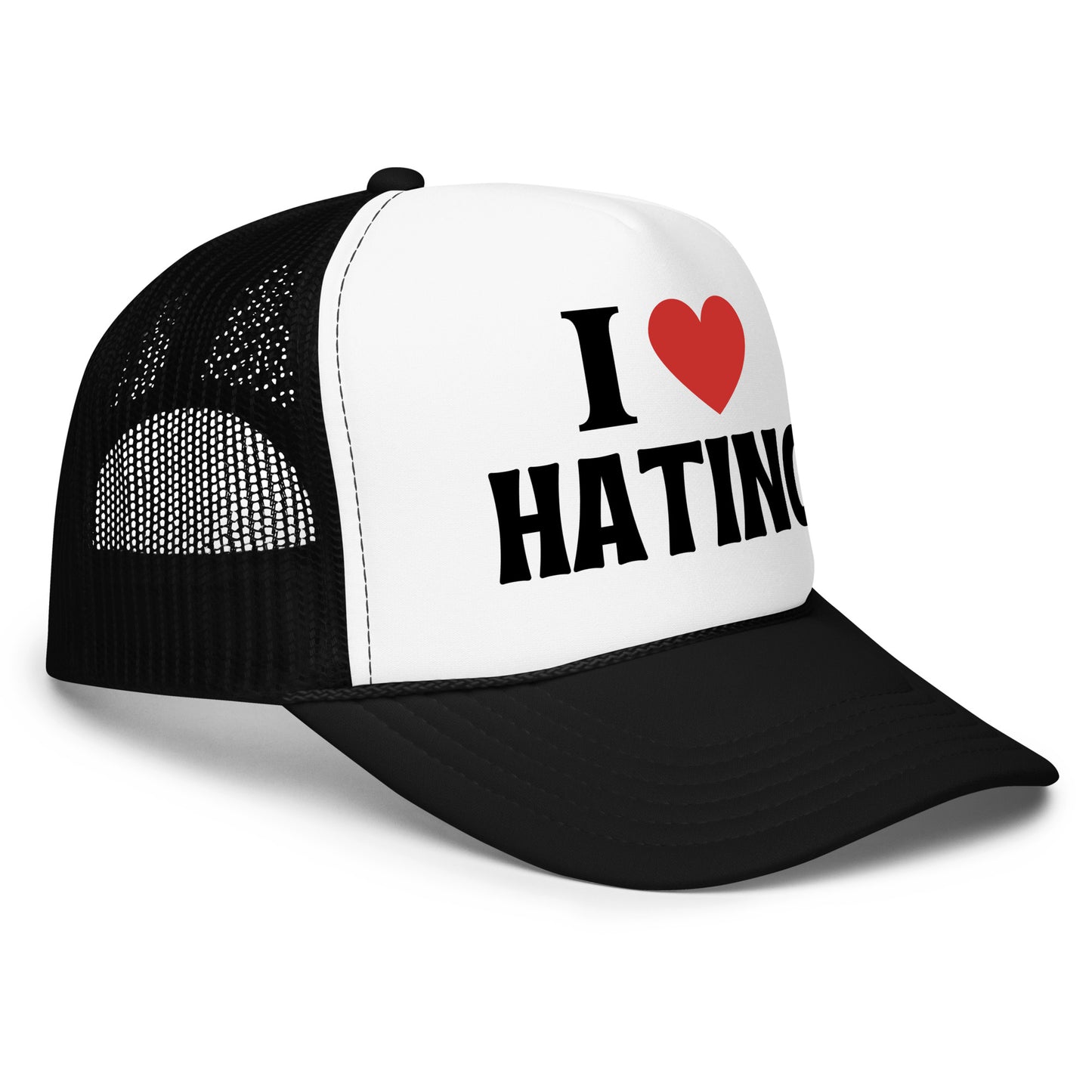 Funny mesh trucker hat with bold white text that says “I Love Hating” — a hilarious hat for men featuring sarcastic humor, crazy energy, and top funny hat sayings perfect for everyday wear, parties, or gifting.
