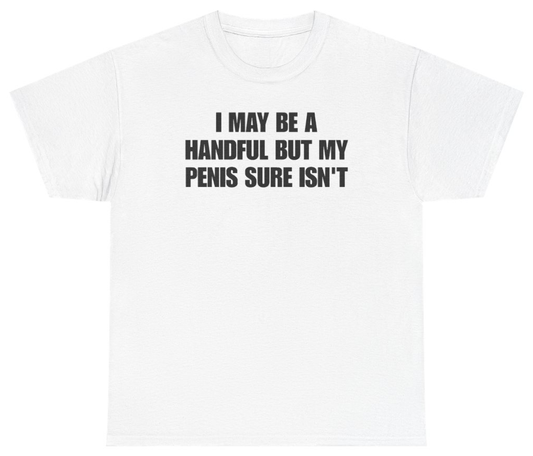 Funny I May Be A Handful But My Penis Sure Isn't Tee T-Shirt featuring bold sarcastic humor and graphic design, perfect for casual wear and humor lovers