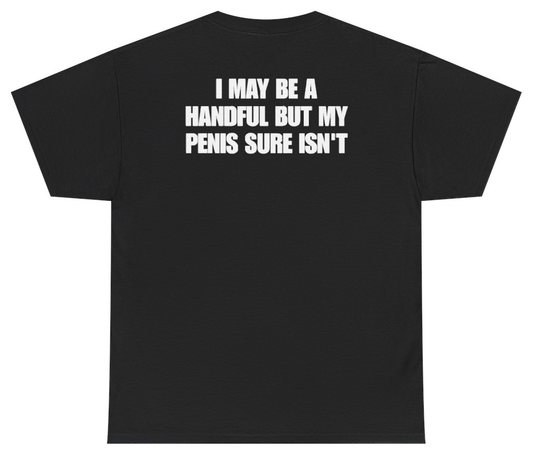 Funny I May Be A Handful But My Penis Sure Isn't Tee (BACKPRINT) T-Shirt featuring bold sarcastic humor and graphic design, perfect for casual wear and humor lovers