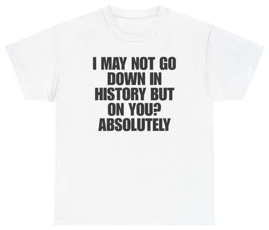 Funny I May Not Go Down In History But On You Absolutely T-Shirt featuring bold sarcastic humor and graphic design, perfect for casual wear and humor lovers