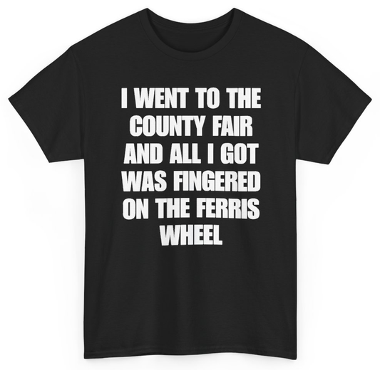 Funny I Went To The County Fair And All I Got Was Fingered On The Ferris Wheel T-Shirt featuring bold sarcastic humor and graphic design, perfect for casual wear and humor lovers