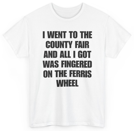 Funny I Went To The County Fair And All I Got Was Fingered On The Ferris Wheel T-Shirt featuring bold sarcastic humor and graphic design, perfect for casual wear and humor lovers