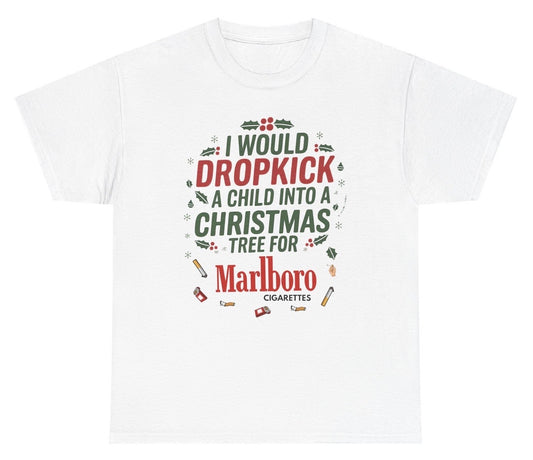 White t-shirt with humorous Christmas-themed text and funny cigarette humor.