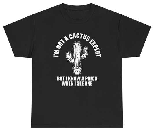 Funny I'm Not A Cactus Expert But I Know A Prick When I See One Tee T-Shirt featuring bold sarcastic humor and graphic design, perfect for casual wear and humor lovers