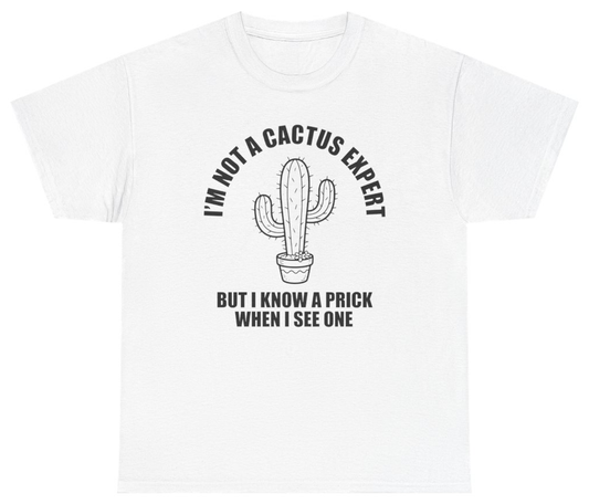 Funny I'm Not A Cactus Expert But I Know A Prick When I See One Tee T-Shirt featuring bold sarcastic humor and graphic design, perfect for casual wear and humor lovers