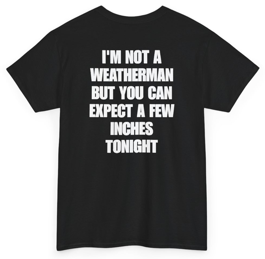 Funny I'm Not A Weatherman But You Can Expect A Few Inches Tonight (BACKPRINT) T-Shirt featuring bold sarcastic humor and graphic design, perfect for casual wear and humor lovers