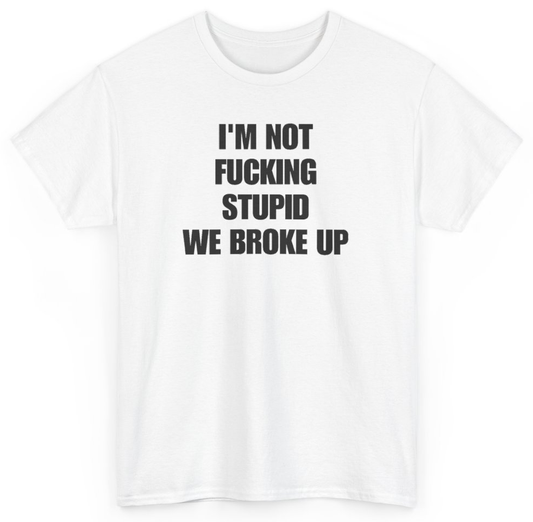 Funny I'm Not Fucking Stupid We Broke Up T-Shirt featuring bold sarcastic humor and graphic design, perfect for casual wear and humor lovers