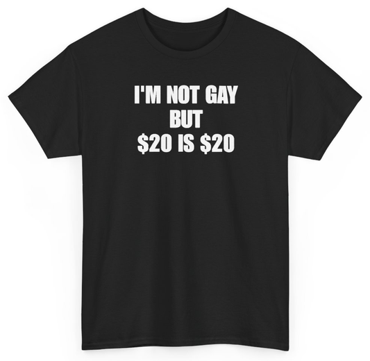 Funny I'm Not Gay But $20 Is $20 T-Shirt featuring bold sarcastic humor and graphic design, perfect for casual wear and humor lovers