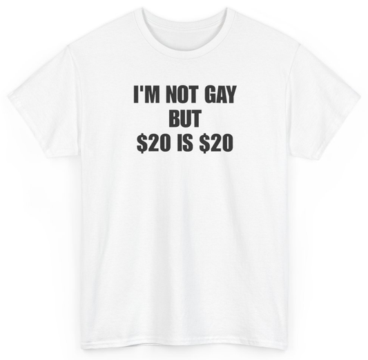 Funny I'm Not Gay But $20 Is $20 T-Shirt featuring bold sarcastic humor and graphic design, perfect for casual wear and humor lovers