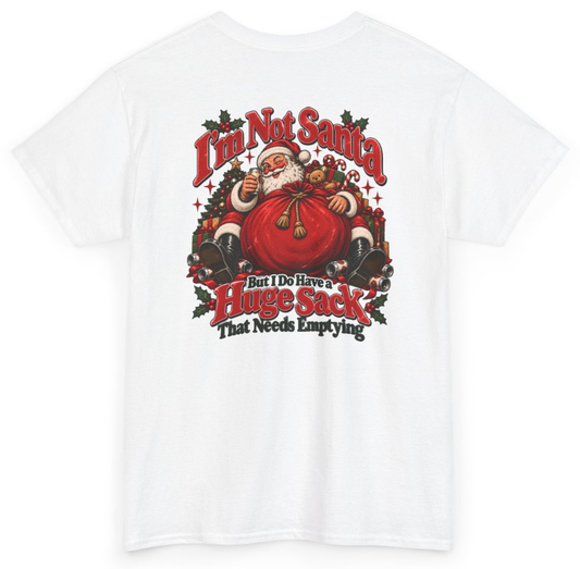 Funny I'm Not Santa But I Do Have A Huge Sack That Needs Emptying (BACKPRINT) T-Shirt featuring bold sarcastic humor and graphic design, perfect for casual wear and humor lovers