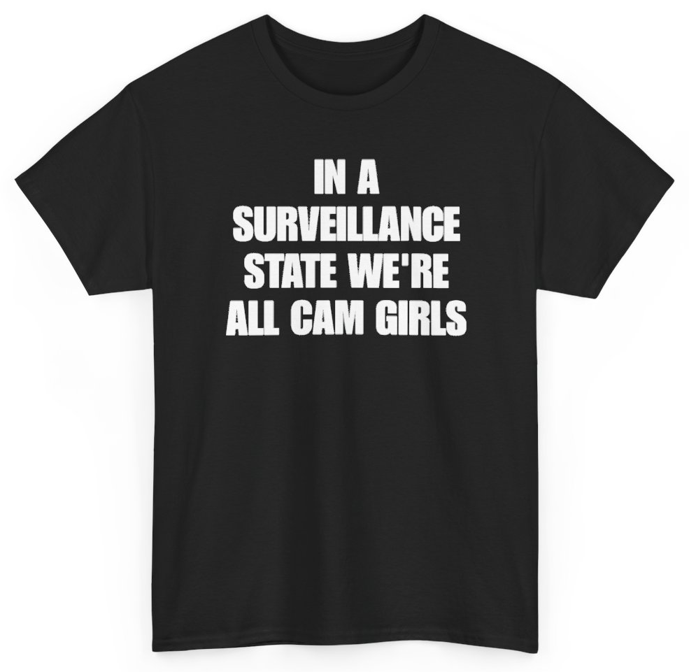 Funny In A Surveillance State We're All Cam Girls T-Shirt featuring bold sarcastic humor and graphic design, perfect for casual wear and humor lovers