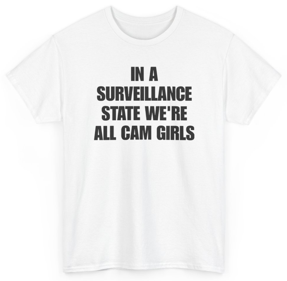 Funny In A Surveillance State We're All Cam Girls T-Shirt featuring bold sarcastic humor and graphic design, perfect for casual wear and humor lovers