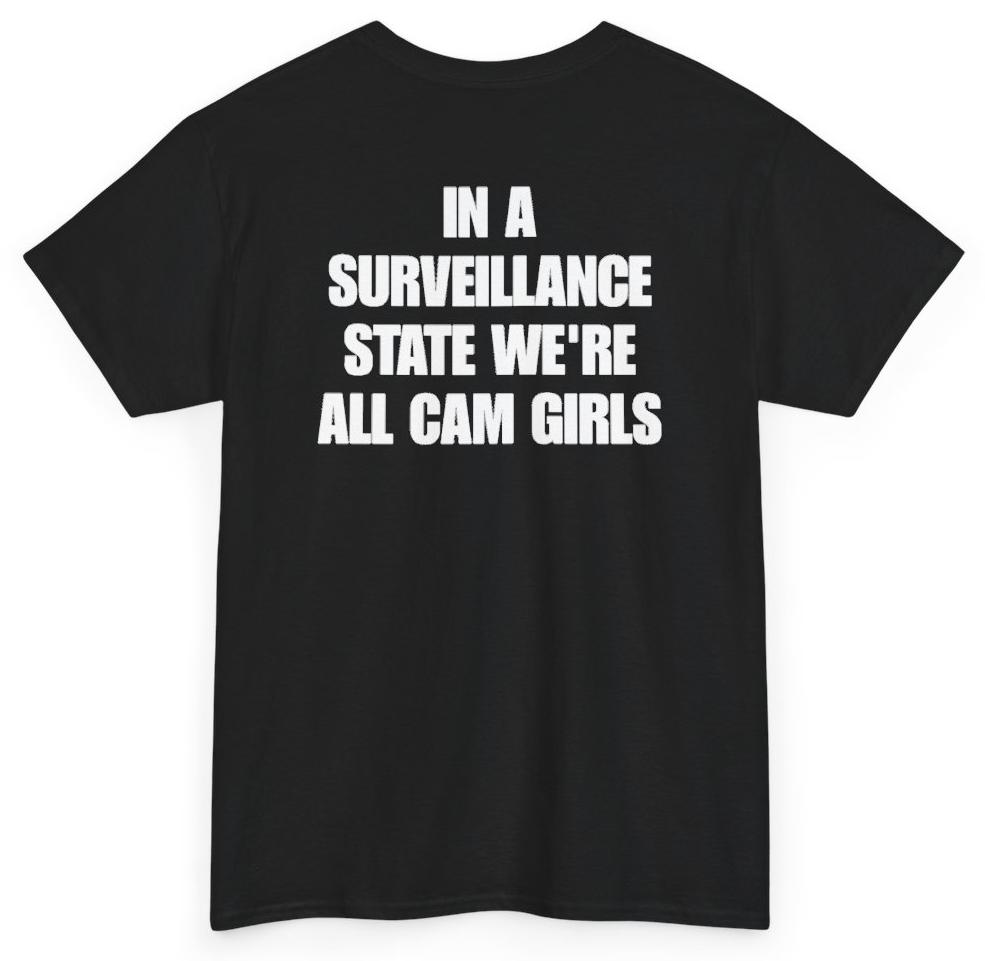 Funny In A Surveillance State We're All Cam Girls (BACKPRINT) T-Shirt featuring bold sarcastic humor and graphic design, perfect for casual wear and humor lovers