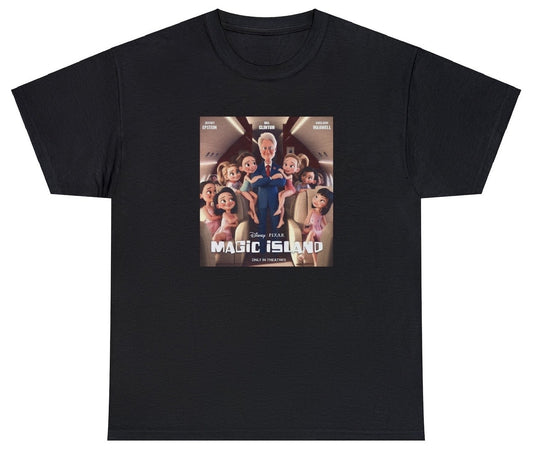 "Bold 'Jeffrey Epstein Magic Island' t-shirt, perfect for fans of dark humor and edgy statements. Ideal for casual wear and provocative gifts."

