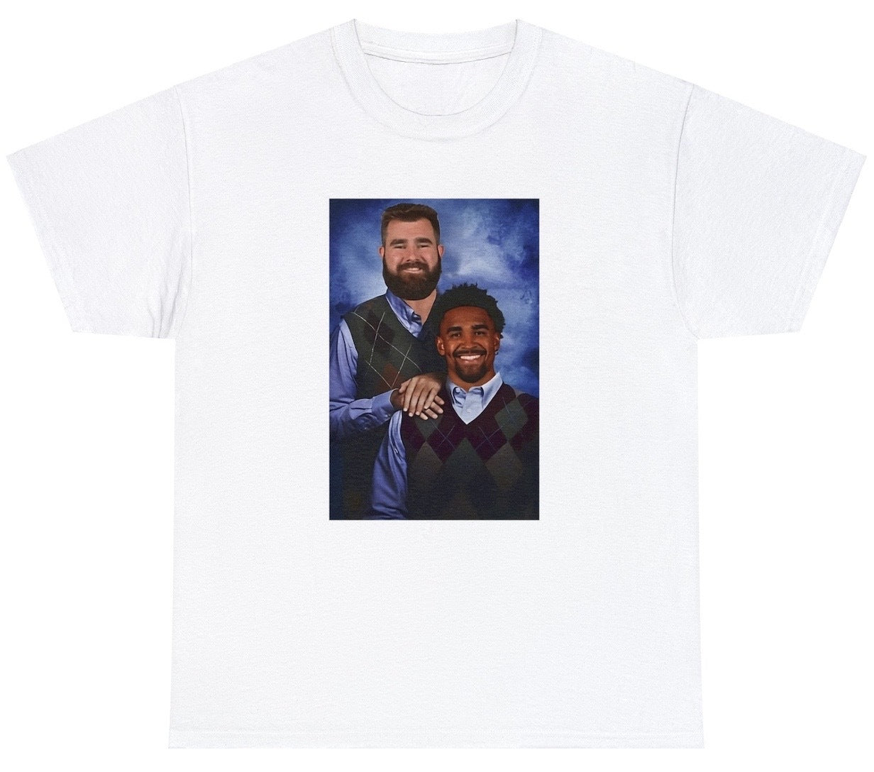 "Bold 'Jalen Hurts Jason Kelce Philadelphia Eagles' t-shirt, perfect for NFL fans and football enthusiasts. Ideal for game days and casual wear."

