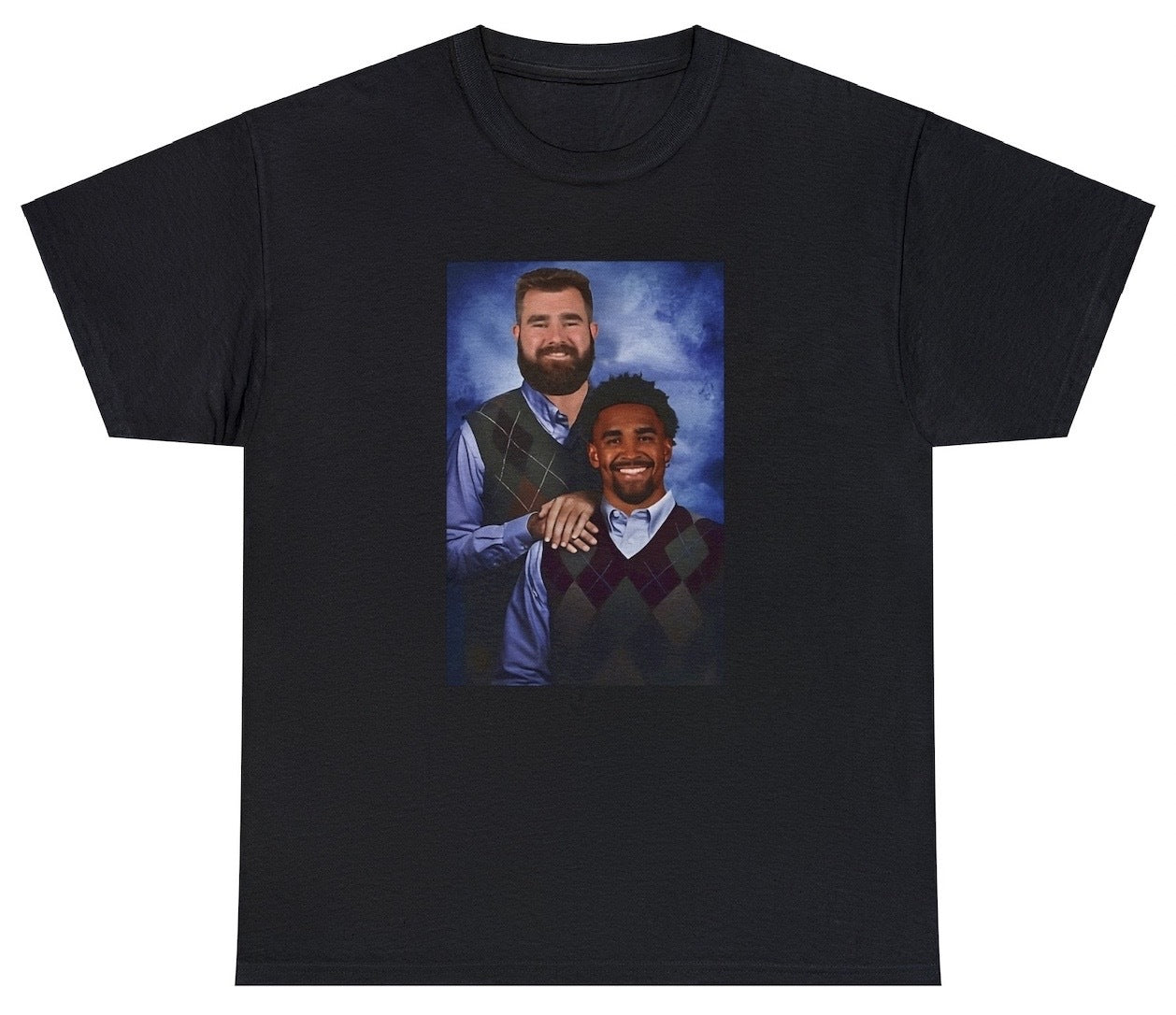 "Bold 'Jalen Hurts Jason Kelce Philadelphia Eagles' t-shirt, perfect for NFL fans and football enthusiasts. Ideal for game days and casual wear."

