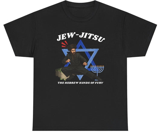 Funny Jew Jitsu T-Shirt featuring Jewish humor and a BJJ Ju Jitsu meme-inspired design, perfect for casual wear and humor lovers.