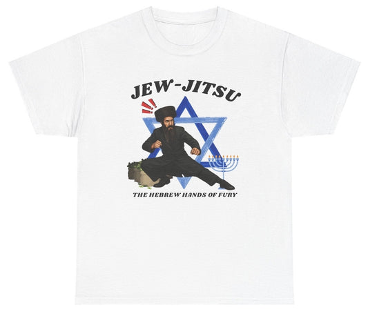 White t-shirt with 'JEW-JITSU' graphic featuring a person in a black outfit and Star of David on a white background.