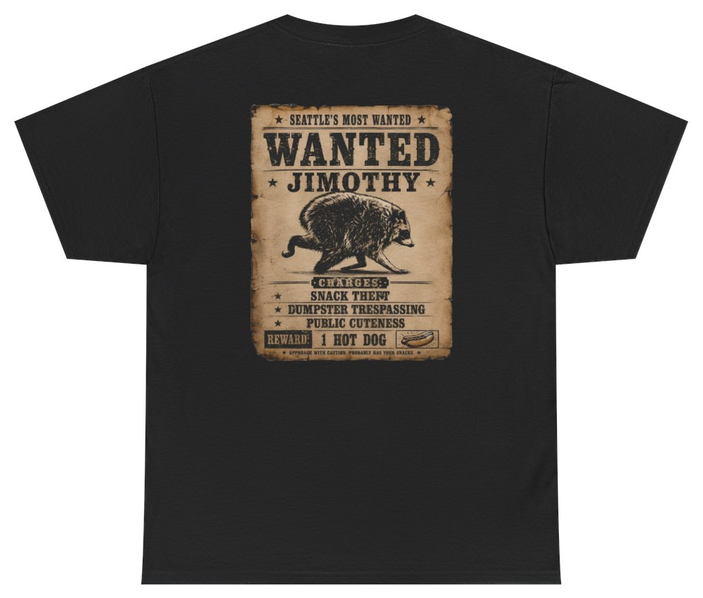 Funny Jimothy Seattles Most Wanted (BACKPRINT) T-Shirt featuring bold sarcastic humor and graphic design, perfect for casual wear and humor lovers