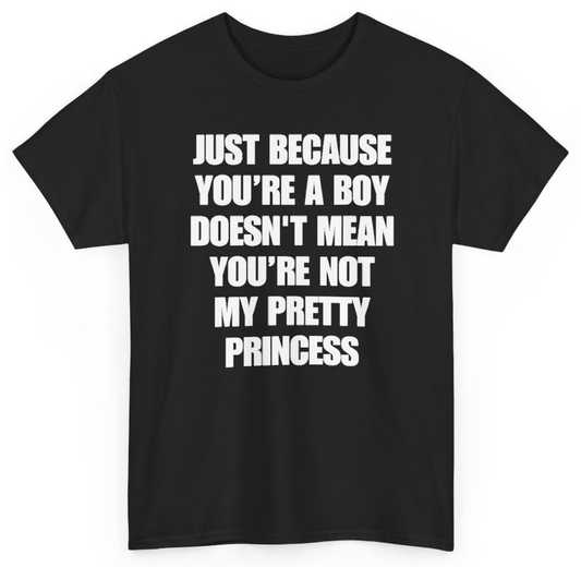 Funny Just Because You're A Boy Doesn't Mean You're Not My Pretty Princess T-Shirt featuring bold sarcastic humor and graphic design, perfect for casual wear and humor lovers