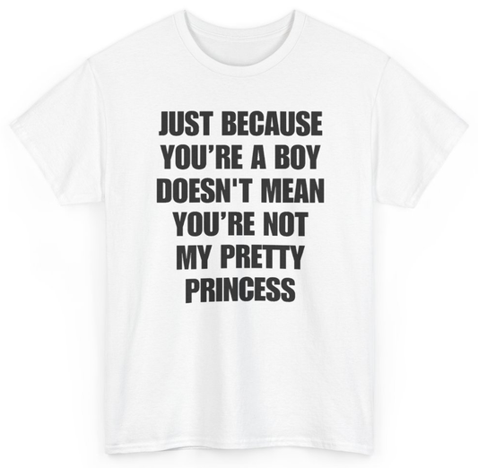Funny Just Because You're A Boy Doesn't Mean You're Not My Pretty Princess T-Shirt featuring bold sarcastic humor and graphic design, perfect for casual wear and humor lovers