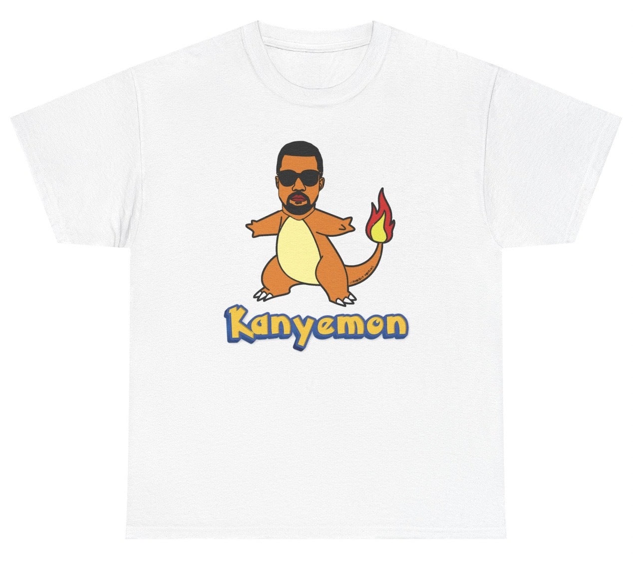 Funny "Kanyemon" Kanye West Pokémon shirt featuring a Charmander with Kanye’s face. Perfect for casual wear and gaming fans who love parody designs.