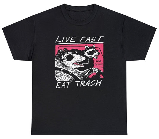 "Funny 'Live Fast Eat Trash' t-shirt featuring quirky raccoon-inspired humor, perfect for fans of playful and bold designs."

