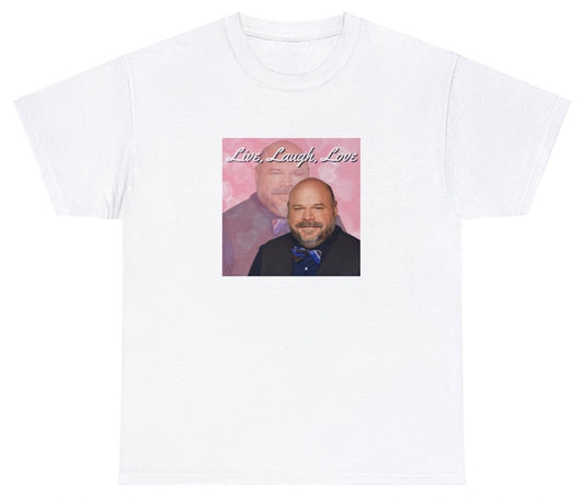 "Playful 'Live Laugh Love Bertram' t-shirt, perfect for fans of quirky humor and pop culture references. Ideal for casual wear and funny gifts."

