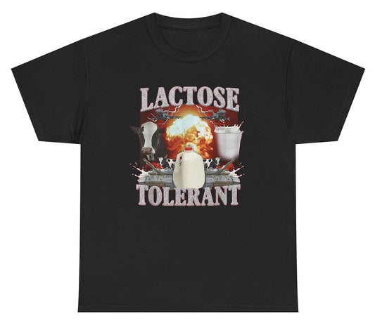 "Quirky 'Lactose Tolerant' t-shirt featuring playful food humor, perfect for fans of dairy puns and funny designs."