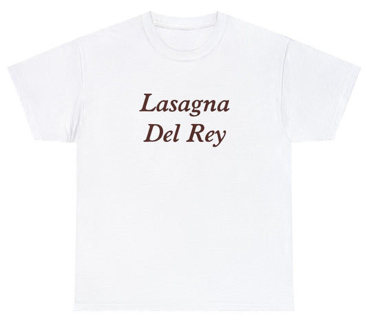 "Playful 'Lasagna Del Rey' t-shirt, perfect for fans of wordplay and pop culture humor. Ideal for casual wear and funny gifts."

