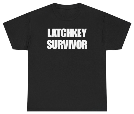 Funny Latchkey Survivor T-Shirt featuring bold sarcastic humor and graphic design, perfect for casual wear and humor lovers