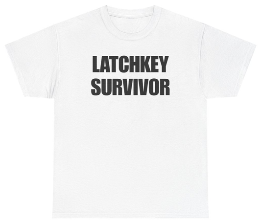 Funny Latchkey Survivor T-Shirt featuring bold sarcastic humor and graphic design, perfect for casual wear and humor lovers