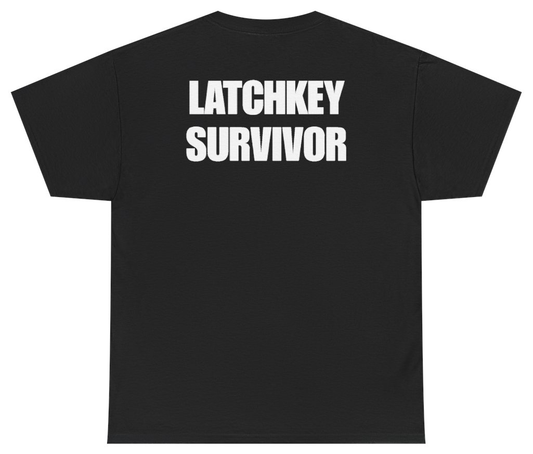 Funny Latchkey Survivor (BACKPRINT) T-Shirt featuring bold sarcastic humor and graphic design, perfect for casual wear and humor lovers
