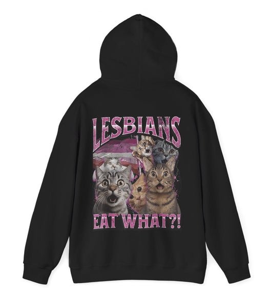 Funny Lesbians Eat What? Hoodie featuring LGBTQ humor and cat meme-inspired design, perfect for men & women casual wear and humor lovers.