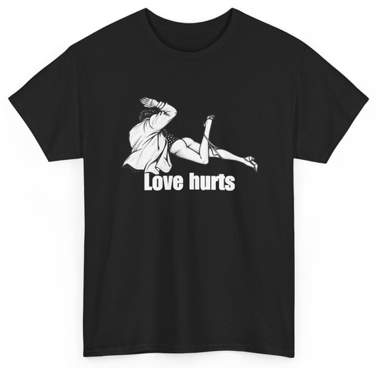 Funny Love Hurts T-Shirt featuring bold sarcastic humor and graphic design, perfect for casual wear and humor lovers