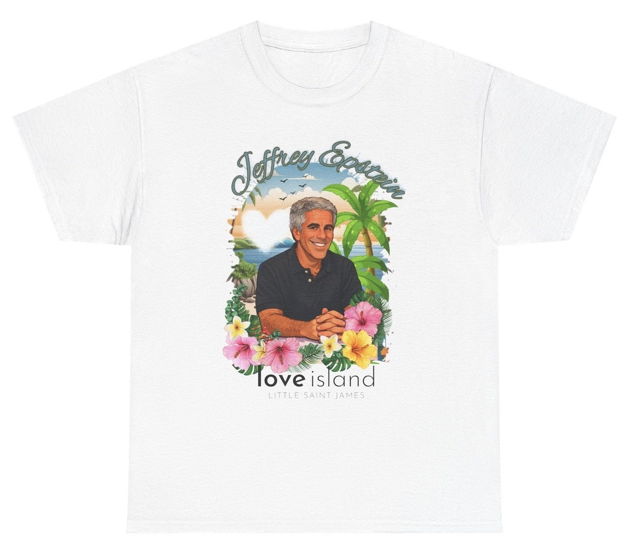 Parody T‑shirt merging Love Island branding with a dark humor twist referencing Epstein Island.