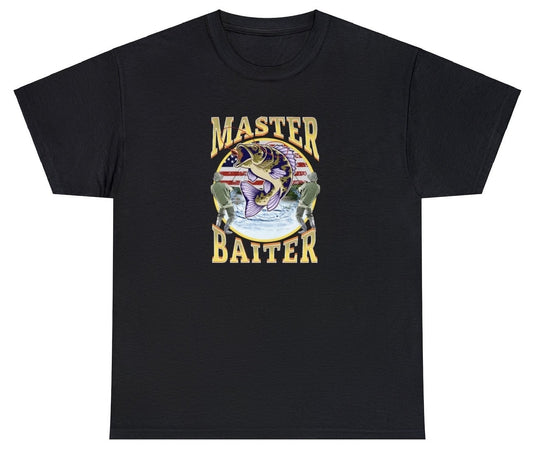 "Playful 'Master Baiter' t-shirt, perfect for fans of fishing humor and witty wordplay. Ideal for casual wear and fishing trips."

