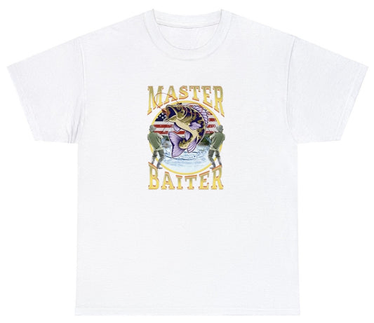 "Playful 'Master Baiter' t-shirt, perfect for fans of fishing humor and witty wordplay. Ideal for casual wear and fishing trips."

