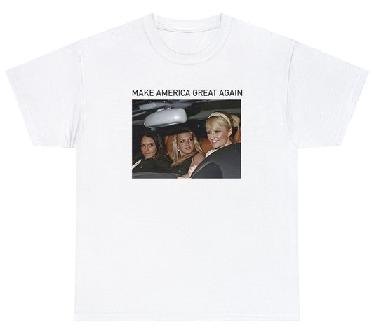 "Bold 'Make America Great Again' t-shirt featuring the iconic slogan, perfect for fans of political apparel and impactful designs."

