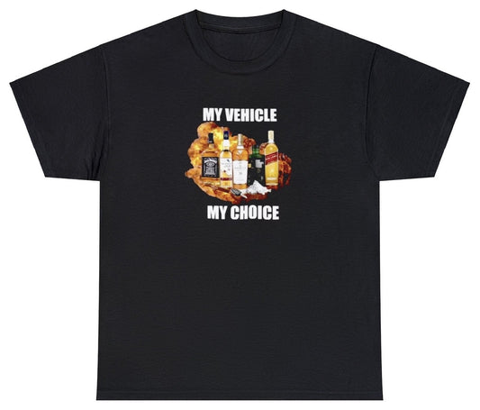"Confident 'My Vehicle My Choice' t-shirt, perfect for car enthusiasts and fans of bold statements. Ideal for casual wear and car meets."

