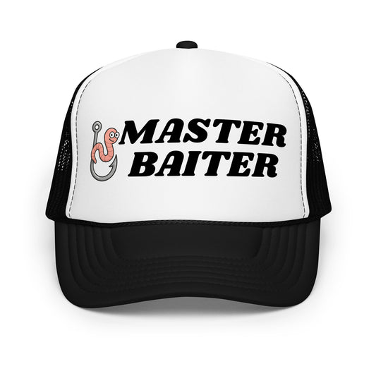 Funny fishing trucker hat for men with bold text that says “Master Baiter” — an inappropriate mesh-back hat perfect for fishermen who love dirty jokes, hilarious sayings, and funny hats for men with crazy outdoor humor.

