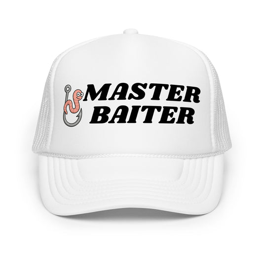 Funny fishing trucker hat for men with bold text that says “Master Baiter” — an inappropriate mesh-back hat perfect for fishermen who love dirty jokes, hilarious sayings, and funny hats for men with crazy outdoor humor.


