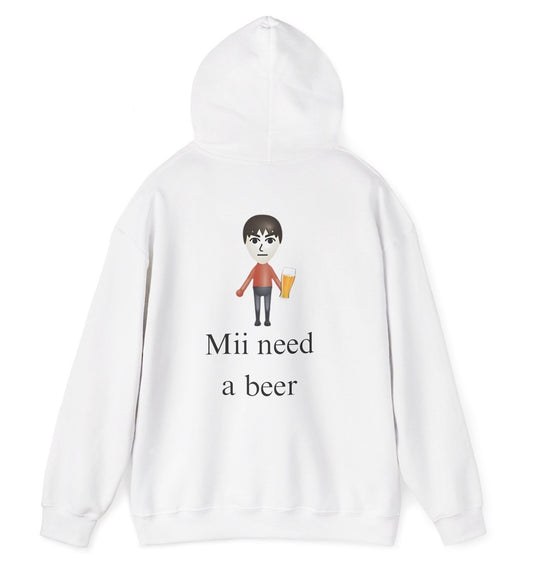 Funny Mii Need A Beer Hoodie featuring alcohol humor and video gamer meme-inspired design, perfect for men & women casual wear and humor lovers.